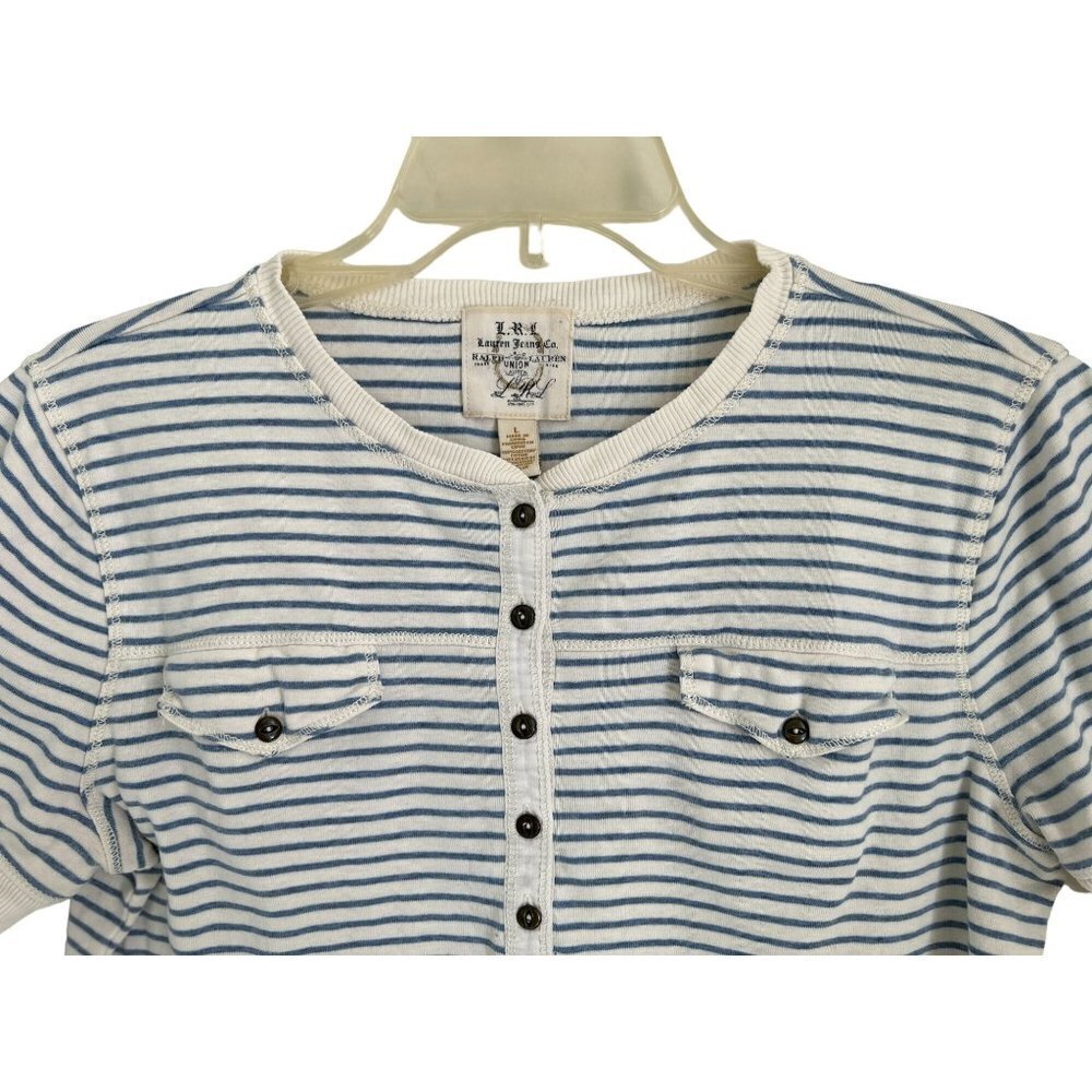 Lauren Jeans Cotton Henley T-Shirt Blue White Stripes Pockets Short Sleeve - Picture 2 of 6
